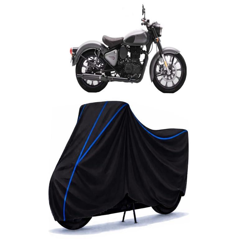 Image of Classic 350 Bobber Bike Cover Water Resistant Universal Motorcycle Rain | Heavy Duty UV Protection, Dust, Scratch Indoor Outdoor All Weather with Black Blue Piping Elastic