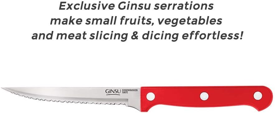 GINSU Kiso 6-Piece Red Steak Knife Set - Dishwasher Safe and Always Sharp