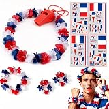 9 Stück Frankreich Fanartikel, Fußball WM 2026, EM Fußball Party Deko, Fanpaket mit Blumenkette Girlanden Pfeife Tattoos, WM Frankreich Fanartikel für Stadionbesuche, Supporter Zubehör Set