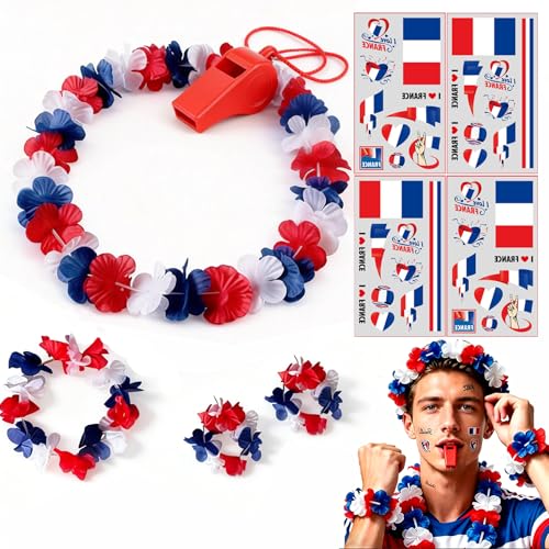 9 Pièces Supporter Equipe de France, 1 Collier Hawaï Supporter + 1 Sifflet Rouge + 4 Autocollants Visages + 2 Bracelets + 1 Cheveux pour Coupe du Monde l'Euro Football, Accessoire Supporters France
