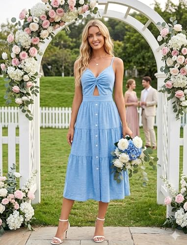 Image of Angashion Women's Dresses-Summer Floral Bohemian Spaghetti Strap Button Down Swing Midi Dress