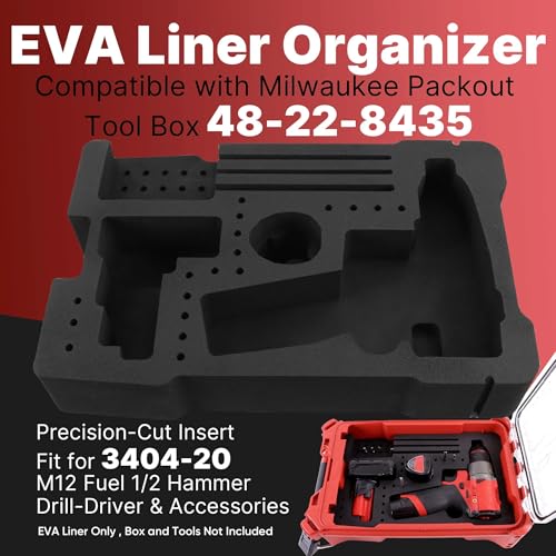 Yudylg EVA Liner Organizer Compatible with Milwaukee Packout Tool Box 48-22-8435, Precision-Cut Insert Fit for 3404-20 M12 Fuel 1/2 Hammer Drill-Driver & Accessories (Black) - Thumbnail 2