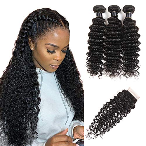 Upgraded 8A+ Brazilian Deep Wave 3 Bundles with Closure(14 16 18+12) 100% Virgin Human Hair Loose Deep Curly Wave Bundles with 4X4 Closure Free Part Natural Color