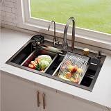 DeerValley Evier Multifonction en Acier Inoxydable 304 avec Robinet Extensible, Lave Verres Haute Pression, Cascade, Distributeur de Savon et Rail de Travail – Évier Cuisine Intégré Complet 75 * 46cm