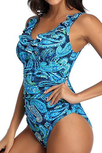 Perona Women's One Piece Swimsuits Tummy Control Bathing Suits Ruffled Plus Size Swimwear Blue #TOP5