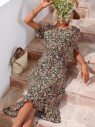 Sweatyrocks Women's Floral Print Short Puff Sleeve Midi Dress Boat Neck Belted Ruffle Hem Wrap Dress Multicolor L #TOP2