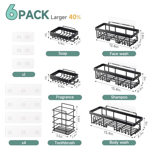 Veken Stainless Steel Shower Caddy 6-Pack, No Drilling & Rustproof, Waterproof Adhesive Shelves Rack with Soap Holder, Large Capacity Bathroom Organizers and Storage, Wall-Mounted Kitchen & Home Decor - Image 3