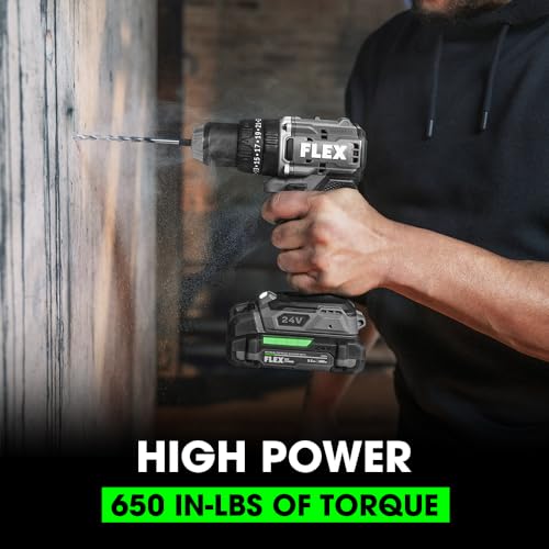 FLEX 24V Brushless Cordless 1/2-Inch 650 In-Lbs Torque 2-Speed Compact Hammer Drill Kit with 2.5Ah Lithium Battery and 160W Fast Charger - FX1231-1A