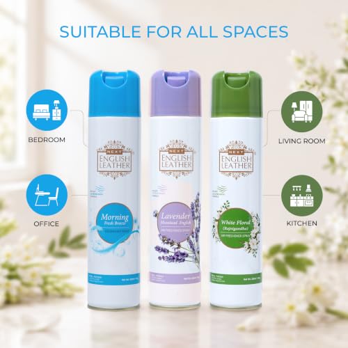 Image of Next Care English Leather Air Freshener Spray 220ml | Long Lasting Room Freshener for Home, Office & Car | Odour Eliminator (Morning, White Floral & Lavender)