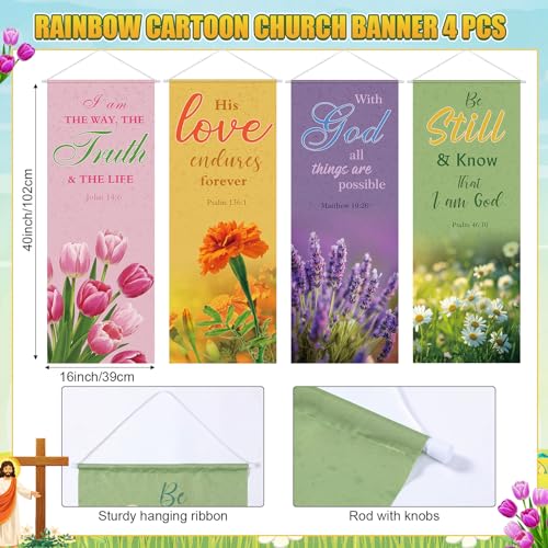 Image of Panelee 4 Pcs Church Banners for Sanctuary Wall Blooming Flower Church Banners with Scripture Inspirational Religious Praise Bible Verses Hanging Backdrop Signs for Sunday School Worship Decoration