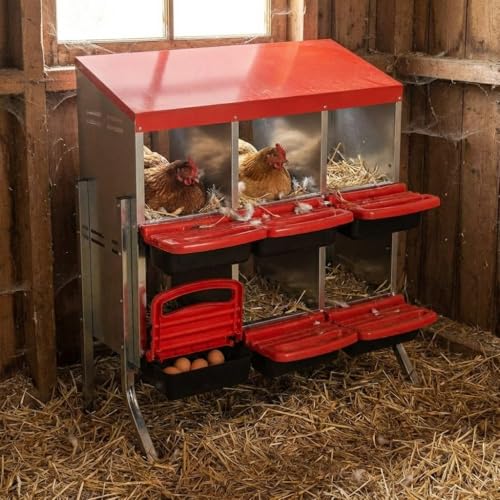 Garvee Chicken Nesting Boxes, 6 Hole Metal Chicken Laying Box with Removable Trays for Chicken Coop, Red, with Metal Legs, 6 grids with legs, red