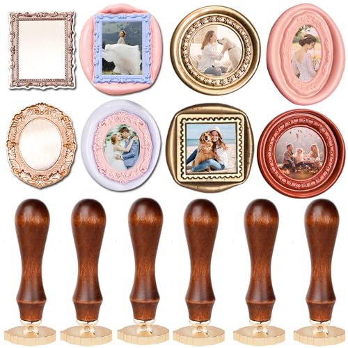 YOLAKIS 6pcs Photo Frame Wax Seal Stamp Kit 3D Embossed with 6pcs Rosewood Handle Vintage Floral Photo Frame Wax Stamp Ideal for Wedding Invites Gift Wrapping Envelopes & Christmas Cards Decor