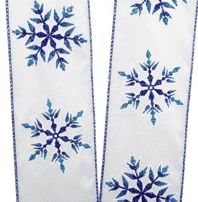 Image of Blue Christmas Snowflakes Wired Ribbon - 2 1 /2 inch x 10 Yards, White Satin, Gift Wrap, Wreath, Garland, Tree Topper Bow, Gift Basket, Presents