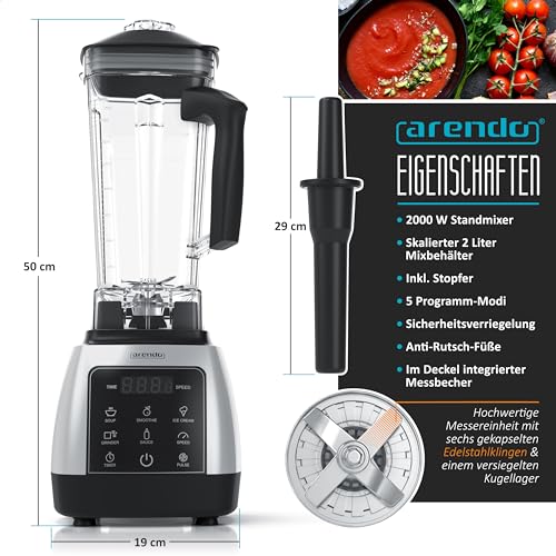 Arendo - Standmixer 2000 Watt mit Touchpanel - Hochleitungsmixer - 2L - 9 Geschwindigkeitsstufen – max. 24.000 U/min - Pulsfunktion – Timer – 5 Programme – Mixer mit Display – 6 Messer aus Edelstahl – Bild 3