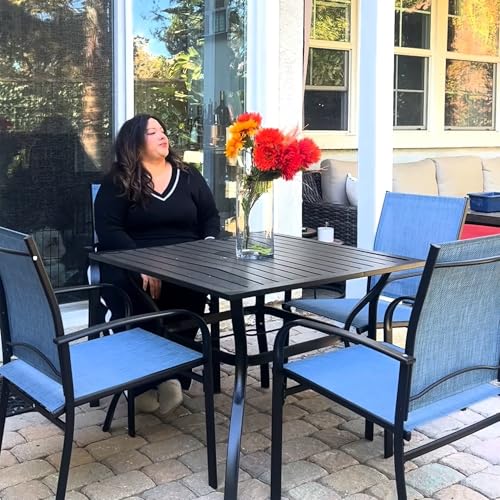Image of HERA'S HOUSE Patio Table w /Umbrella Hole, Black Metal Dining Table for 4