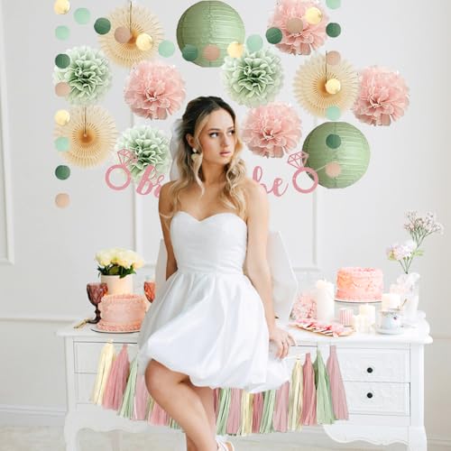 Image of Dusty Pink and Sage Green Bridal Shower Decorations Boho Pastel Bride to Be Sage Green and Blush Pink Bridal Shower Decorations Dusty Rose Bachelorette Party Beige Fans Poms with Cream Tassel Garland