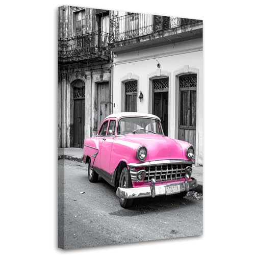 Tableau Salon Vintage : Toile Voiture Rétro Rose Feeby pour une Déco Poétique