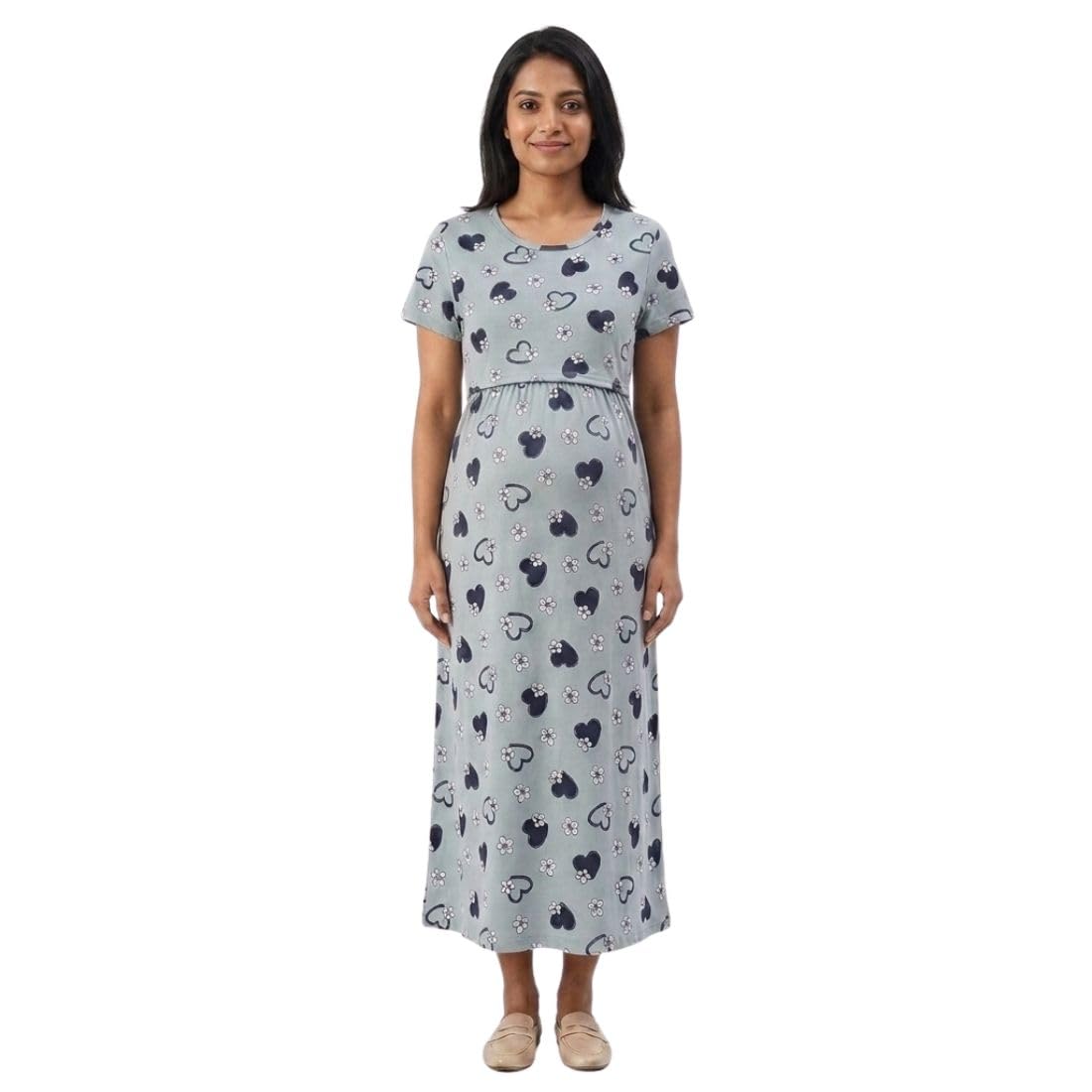 Zero Clothing Feeding Dress for New Moms Casual Loungewear Ankle Length | Cotton Maternity Nighty | Zipless Feeding Dresses for Women | Pregnancy & Nursing Wear