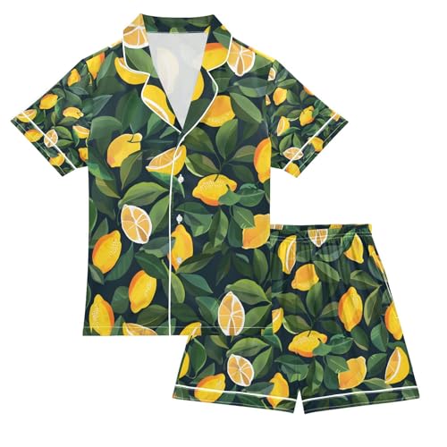 senya Background with Many Lemons Satin Summer Pajama Sets Silk Short Sleeve Button Down Sleepwear