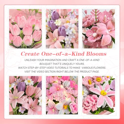 Pipe Cleaner Flower Bouquet Kit, 650Pcs 7 Colors Pink Tulip Set - image 6