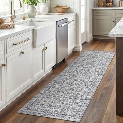 2x6 Grey Blue Washable Runner Rug for Hallways, Soft Neutral Vintage Kitchen Rugs with Non-Slip, Non-Shedding Distressed Floral Rug for Bedroom Kitchen Porch Laundry Entryway