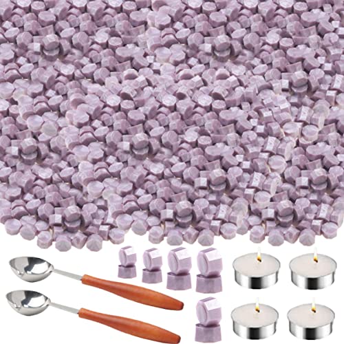 450 Pcs Lilac Purple Wax Sealing Beads, Onwinpor 2 Bottles Octagon Sealing Wax Beads Sticks With 4 Pcs Tea Candles And 2 Pieces Wax Melting Spoon For Wax Stamp Sealing (Lilac Purple) #TOP20