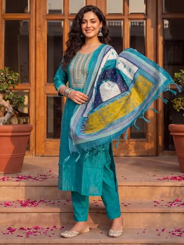 Image of INDO ERA Women's Silk Blend Embroidered Sequinned Kurta & Pant with Dupatta Set