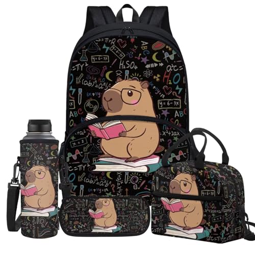 Jeiento Conjunto de mochila escolar personalizada 4 em 1, mochila capivara com lancheira, bolsa de caneta, suporte para garrafa de água mochila de viagem infantil, Capivara, 17.3 x 11 x 5.1 inches
