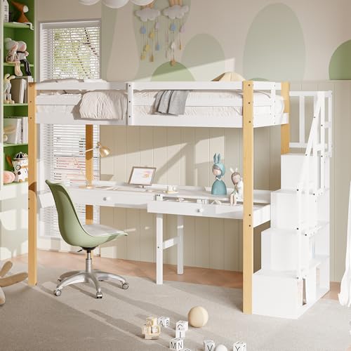 BRILVERDE Kinderbett 90 x 200 cm mit Fallschutz und Treppe, Hochbett mit Schreibtisch und Bücherregal, Einzelbett mit Lattenrost, Kinderbettgestell für Jungen und Mädchen, weiß und naturfarben