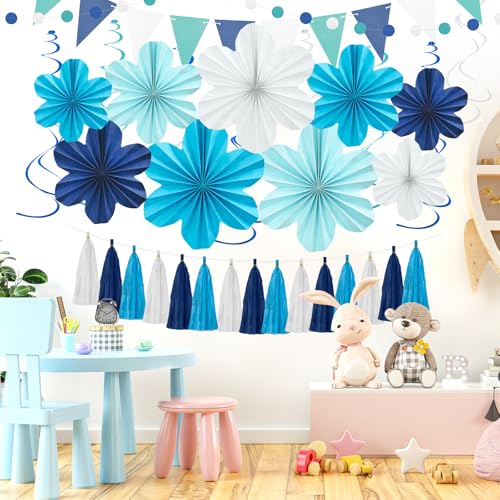 Image of Navy Blue Birthday Graduation Party Decoration 22 Pcs Hanging Paper Flower | Tassel Garland & Swirls for Wedding Bridal Showers Baby Shower Classroom Decor Backdrop Supplies Easy to Assemble Reusable