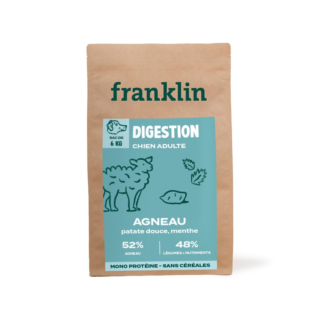Franklin – Croquettes pour Chien Sensible – Gamme Protéinée – avec 52% d'agneau – sans céréales – Mono-protéine – Taille 13 mm – 6 kg