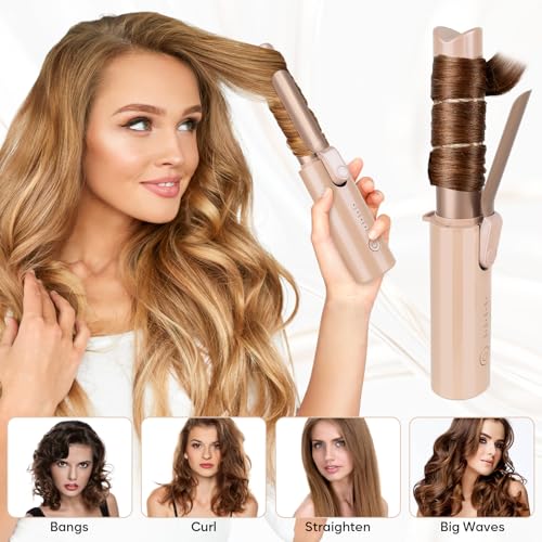 Image of Cordless Curling Iron Brush, Mini Travel Hot Straightener Comb Curl Brush, Rechargeable 4 Temps Cordless Wand Blush with 200 Million Negative Ions for Curls Straightening Styling (Pink)