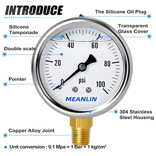 Image of MEANLIN MEASURE 2pcs 0~100Psi Stainless Steel 1 /4 inch NPT 2.5 inch Single Scale FACE DIAL,Glycerin Filled Pressure Gauge, Lower Mount with 1 /2 inch NPT and 3 /8 inch NPT Hex Bushing