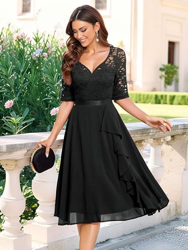 Missmay Women'S V-Neck Floral Lace Elegant Style Half Sleeve Bridesmaid Party Dress Black thumb #2
