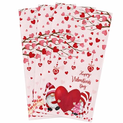 Image of Happy Valentine's Day Kitchen Towels,Gnomes Red Heart Pink 18x28 Inches Soft Kitchen Dish Cloth, Love Tree Cotton Tea Towels /Bar Towels /Hand Towels,(3 Pack)