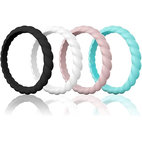 Egnaro Silicone Wedding Ring for Women,Thin and Stackble Braided Rubber Wedding Bands,No-Toxic,Skin Safe