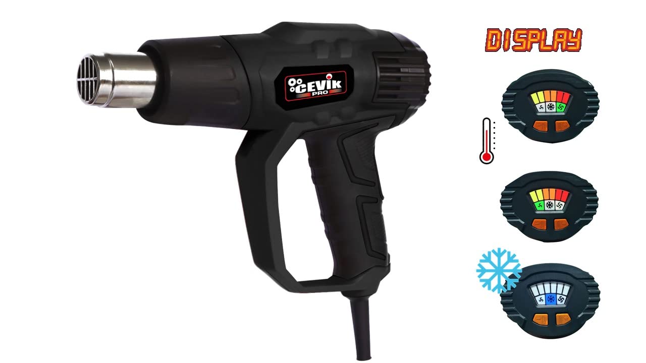 CEVIK CE-GW1029M Pistola de Calor 2000W con Pantalla LED – Decapador Aire Caliente con Control de Temperatura – Pistola de Aire Caliente con Maleta y 9 Accesorios para Bricolaje Profesional