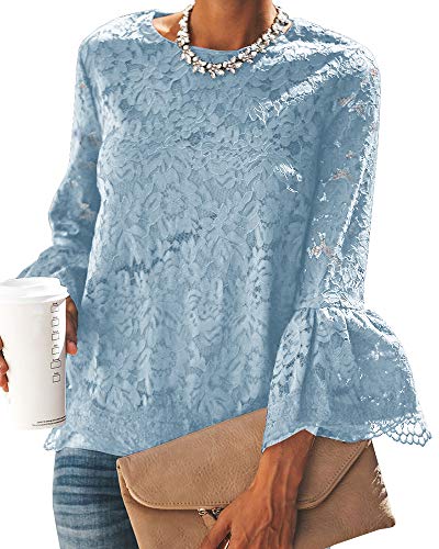 Bigyonger Women Lace Bell Sleeve Blouses Crew Neck Floral Irregular Hem Keyhole Cute Shirt Tops (Large, Blue)