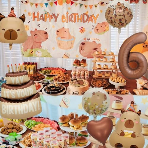 Image of Capybara Birthday Foil Balloon Set, 8-Piece Party Decor (6) | Reusable foil balloon set with capybara, cake,number . Perfect for birthday, baby shower, gender reveal & themed parties