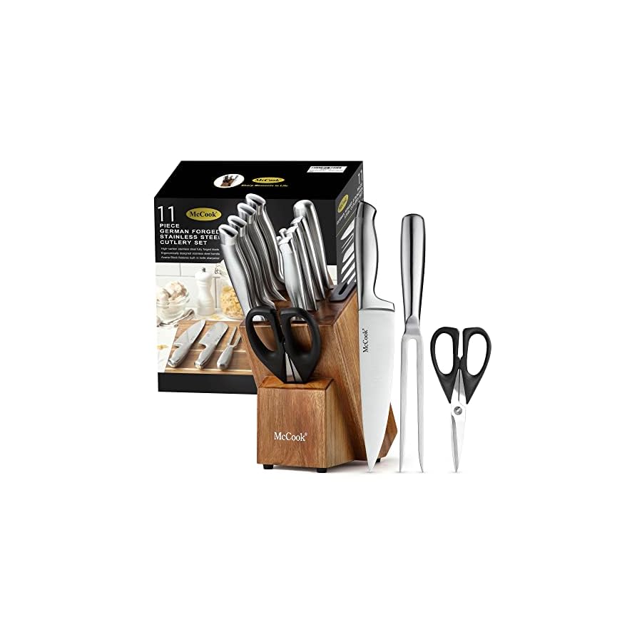 McCook® 11 Piece Knife Set with Built-in Sharpener, German Stainless Steel Hollow Handle Kitchen Knives Set in Acacia Block