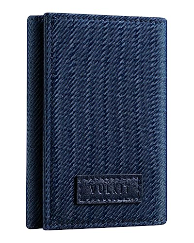 VULKIT Minimalist Leather Rfid Blocking Trifold Wallet Slim Credit Card Holder with 3 ID windows & Zipper Pocket for Men (Blue)