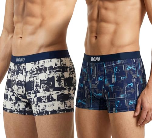 Image of BONO Mens Trunks Pack of 2 Cotton Underwear Breathable Printed Anti-Bacterial Underwear Men Trunk with No Marks Nylon Buffed Stretchable Waistband