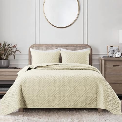 Image of VAS COLLECTIONS 280 TC Quilted Cotton King Bedspread Set, Ultrasonic Bed Cover with 2 Pillow Covers, Soft Breathable Lightweight All-Season Bedding, 90x100 in (228x254 cm) (Beige)