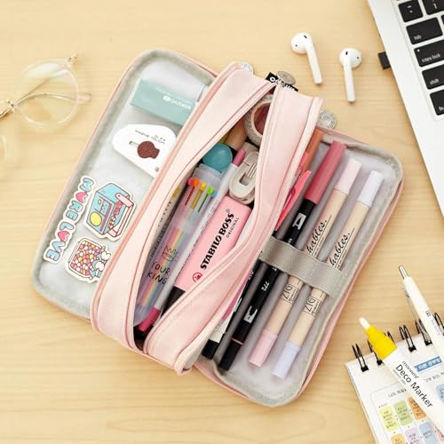 Image of OSDUE Canvas Premium Pencil Case, 6 Layer, 3 Compartments, Large Capacity, Cute Aesthetic Design for Girls, Multifunctional Pouch for School Kids (Queen Pink, Pink, Horizontal)