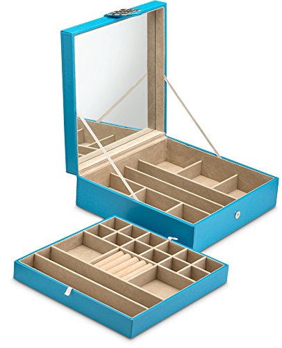 Glenor Co Jewelry Box - 28 Section Classic Organizer With Modern Buckle Closure, Large Mirror & 2 Trays For Women Teens And Girls - Holder For Earring Ring Necklace Bracelet & Watch -Pu Leather - Blue #TOP5