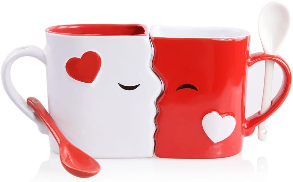 Kissing Mugs Set, Anniversary & Wedding Gifts, Exquisitely Crafted Large Red & White Cups & Spoons for Couples, Him and Her for Valentine's Day, Birthday, Christmas, Mr & Mrs Home Decor