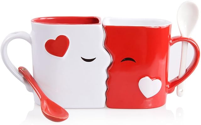 Kissing Mugs Set, Anniversary & Wedding Gifts, Exquisitely Crafted Large Red & White Cups & Spoons for Couples, Him and Her for Valentine's Day, Birthday, Christmas, Mr & Mrs Home Decor by Blu Devil