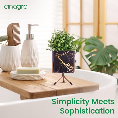 Image of CINAGRO Metal Flower Vase Planter Pot with Iron Stand, Pots for Plants, Plant Pots for Home Decoration, Succulent Pot, Indoor Planter Garden Decor Style: Marble Mirage Black