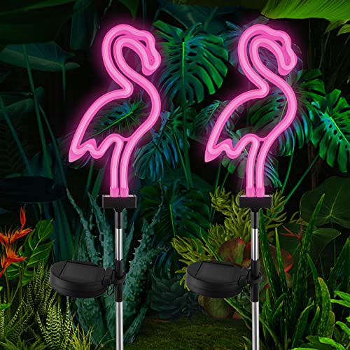 Yolispa Lot de 2 lampes solaires de jardin à DEL en forme de flamant rose, lumières de jardin étanches à énergie solaire, lumières néon pour allée,...