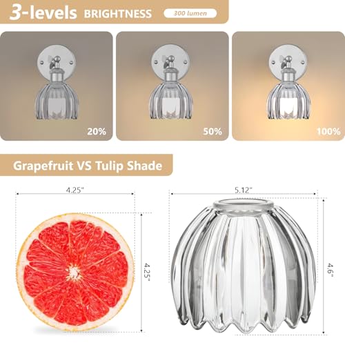 Image of Vintage Battery Operated Wall Sconce, Smoky Gray Tulip Glass Lampshade Wireless Rechargeable Battery Powered LED Wall Light with Remote Dimmable for Bedside Bedroom Living Room, Silver, Set of 2